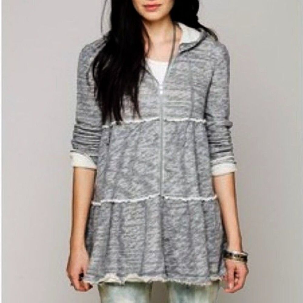 Free People Tiered Trapeze Zip-Up Sweatshirt Hoodie Womens XS Heather Gray Boho